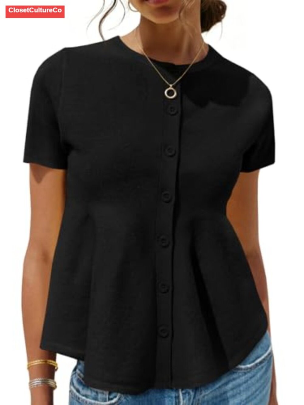 Peplum Short Sleeve Cardigan Babydoll Button Down Knit Sweater Top